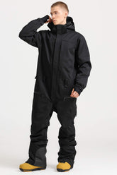 Men's Black Stylish Waterproof & Windproof Loose-Fit One-Piece Ski Suit with Detachable Hood & Multipockets